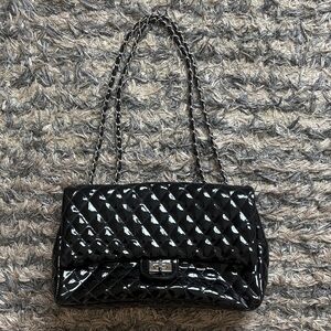 Black Quilted Patent Shoulder Bag with Chain Strap